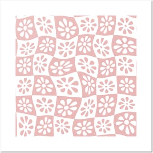 Blush Pink Wavy Floral Checkers Posters and Art